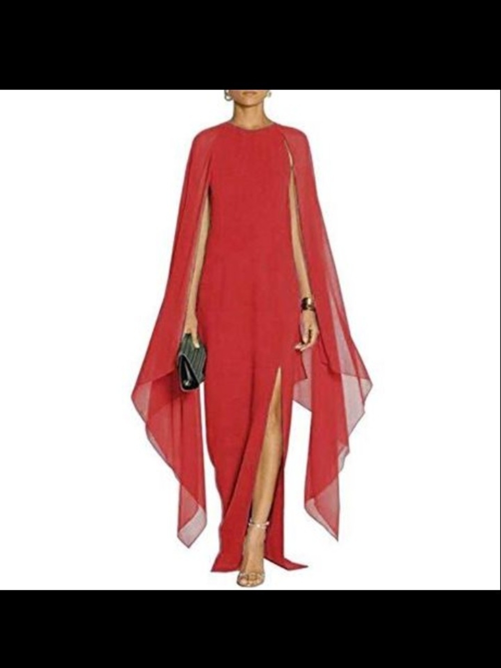 Elegant Red Cape-Sleeve Evening Gown